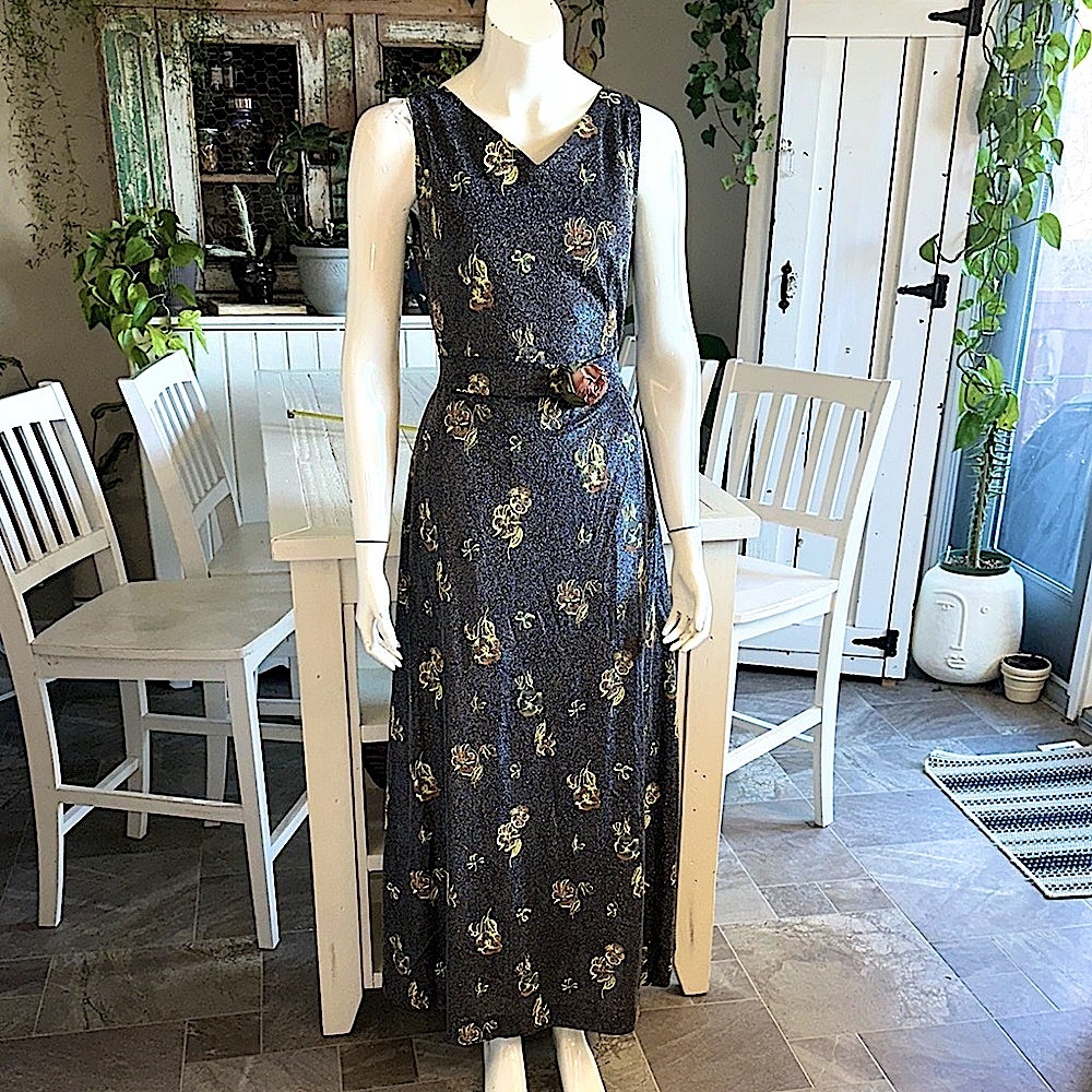 Vintage 70s metallic Sleeveless Maxi Dress - Black silver fleck floral baroque